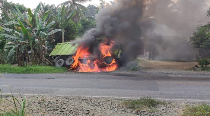 Fuso Terbakar di Jalinsum Pelepat, Sopir Selamat